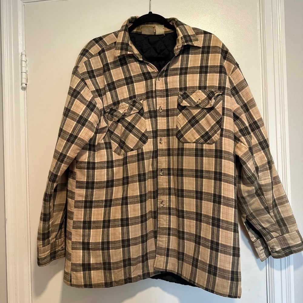 VTG 80s/90s Lee Tan Black Quilted Lined Tartan Plaid Button Up Shacket.